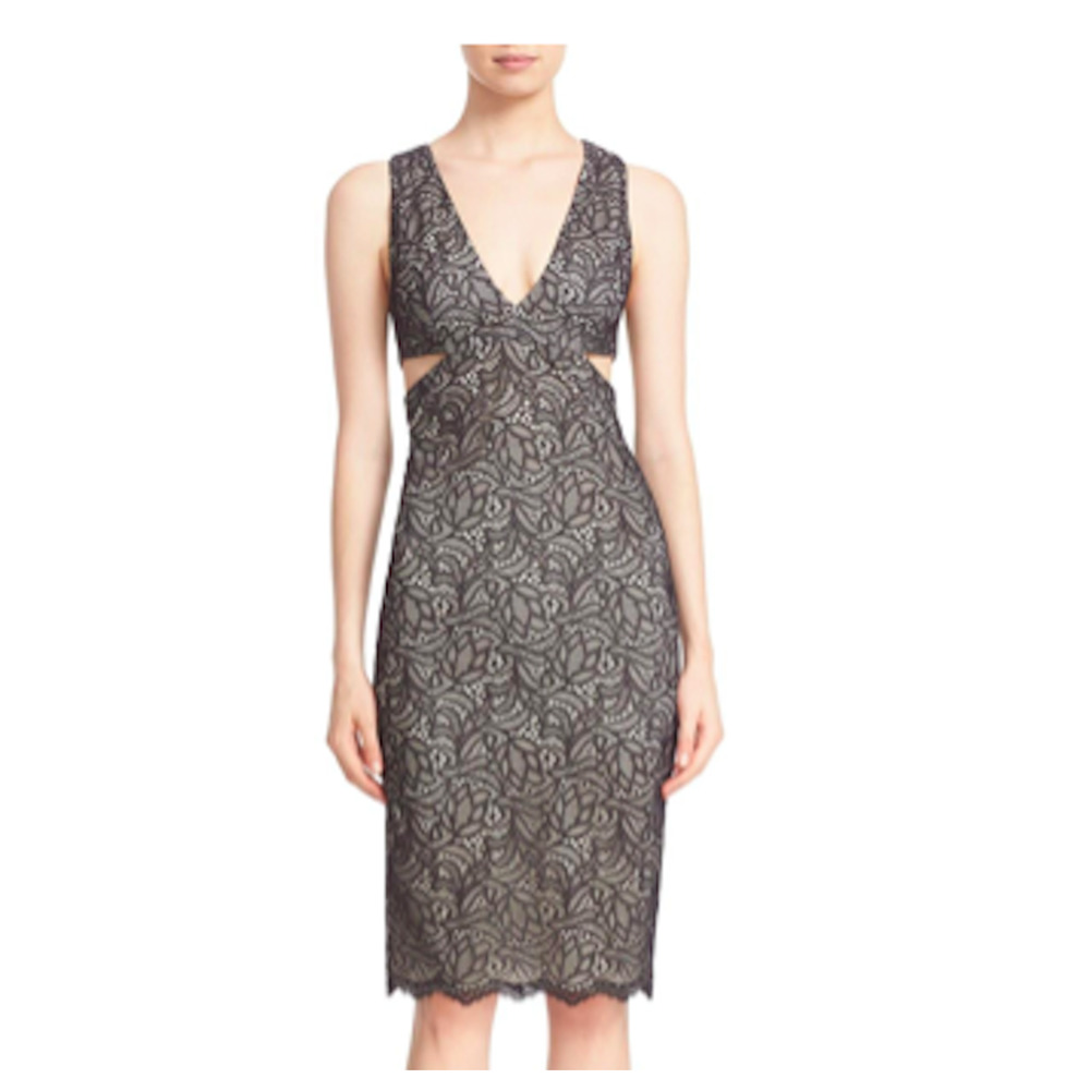 Alice Olivia Riki Black Lace Illusion V Neck Side Cutout Sheath Dress Cocktail 0
